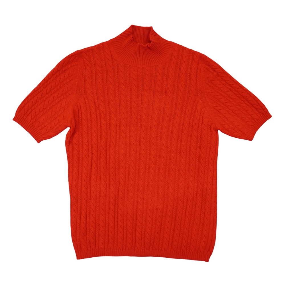 Vintage Red Cashmere Short Sleeve Sweater Women M Mock Neck Cable Knit Luxury